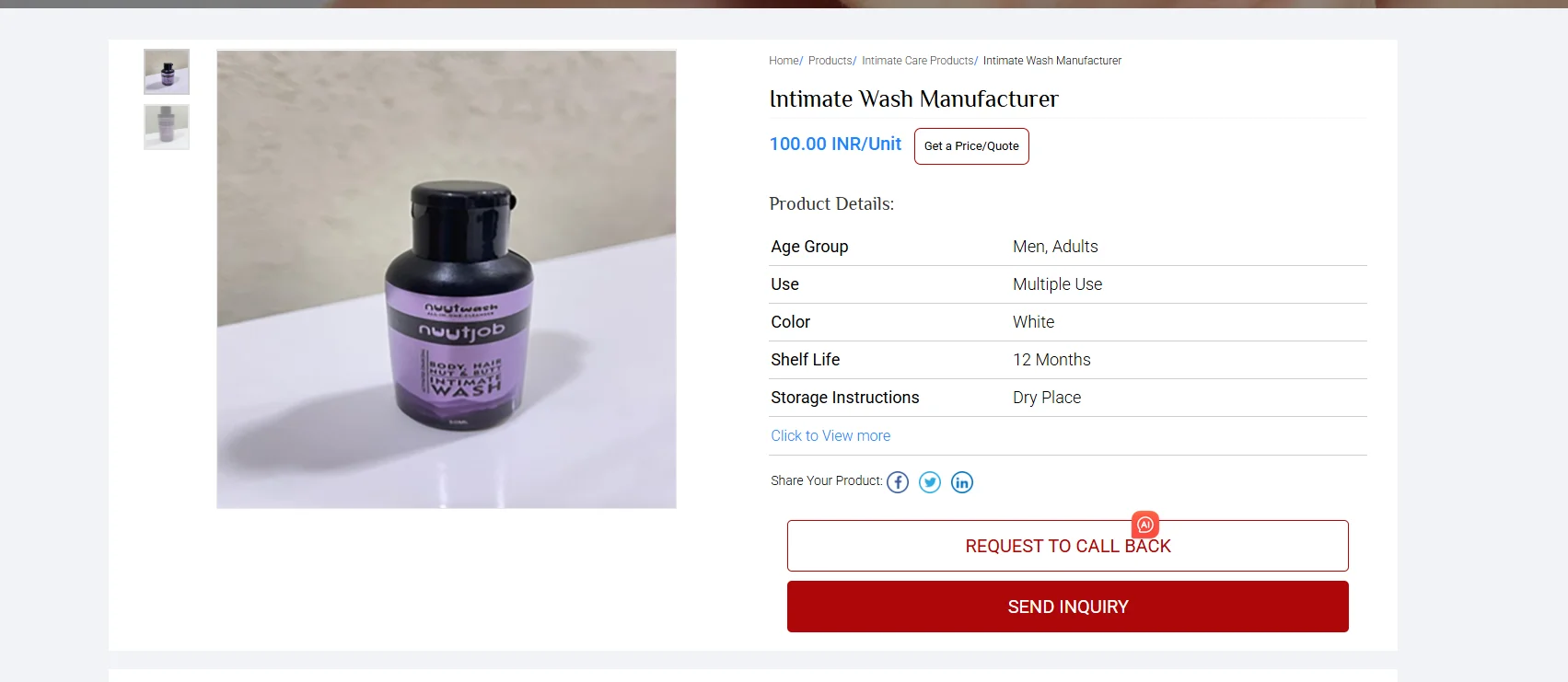 Product page for intimate wash with bottle and specifications including age group, use, color, and shelf life.